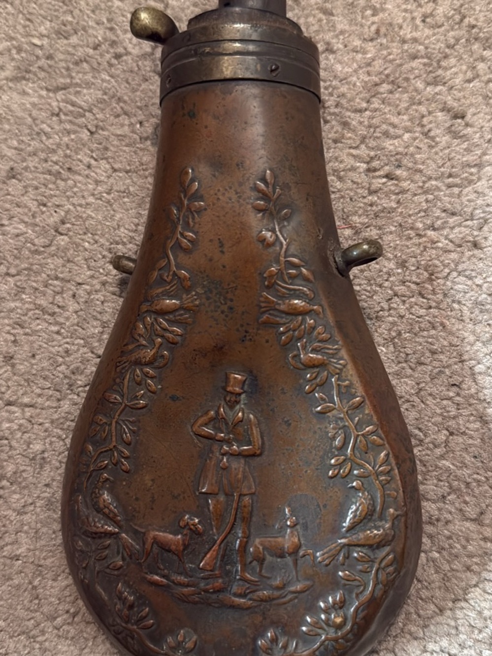 ANTIQUE CIVIL WAR ERA BRASS BLACK POWDER HUNTING FLASK - HEAVY BATTLE USE!